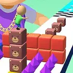Postać na torze przeszkód z kolorowymi blokami i fioletowymi diamentami