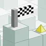 Różowy sześcian i żółta piramida na tle szachownicy na geometrycznych, sześciennych platformach