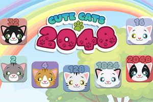 Kolorowa grafika z napisem Cute Cats 2048 oraz rysunkami kotów i tęczą w tle