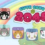 Kolorowa grafika z napisem Cute Cats 2048 oraz rysunkami kotów i tęczą w tle