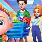 Trójka postaci w sklepie spożywczym, w tym uśmiechnięte dziecko, mężczyzna z koszykiem pełnym zakupów i kobieta stojąca obok