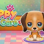 Słodki rysunkowy piesek siedzący na kolorowej macie z dużymi, błyszczącymi oczami, obok kolorowy napis