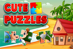 Kolorowy napis Cute Puzzles z ikoną puzzli na tle tropikalnej plaży z palmami i domkiem oraz kawałkami puzzli na pierwszym planie