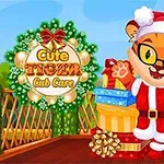 Tygrysek w stroju świętego Mikołaja z prezentami na tle świątecznych dekoracji