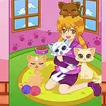 Dziewczynka z kotkami na kolorowym dywanie w różowym pokoju z oknami