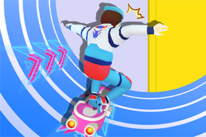 Osoba w kolorowym stroju jeździ na deskolotce po torze z niebieskimi i żółtymi elementami