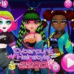 Trzy postacie w stylu cyberpunk z kolorowymi włosami i futurystycznymi strojami na tle neonowych świateł