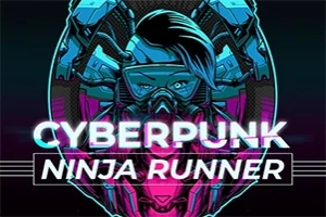 Ilustracja w stylu cyberpunk przedstawiająca postać w masce i futurystycznych okularach, z napisem Cyberpunk Ninja Runner