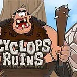 Postać cyklopa z maczugą i czerwonowłosa postać na tle starożytnych ruin z napisem Cyclops Ruins