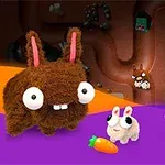 Puszysty brązowy królik z dużymi oczami, dwoma mniejszymi królikami oraz marchewką na kolorowym tle