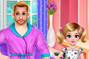 Mężczyzna w fioletowym szlafroku i dziewczynka w sukience w groszki stoją w różowym pokoju z białym wazonem pełnym fioletowych kwiatów