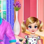 Mężczyzna w fioletowym szlafroku i dziewczynka w sukience w groszki stoją w różowym pokoju z białym wazonem pełnym fioletowych kwiatów