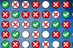 Ikony przedstawiające zielone znaki zaznaczenia, czerwone krzyżyki i puste białe kółka na niebieskim tle w układzie siatki