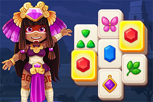 Postać ubrana w kolorowy strój z piórami stoi obok kafelków z kolorowymi symbolami, takimi jak klejnoty, motyl i liść