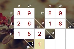 Diagram z siatką zawierający cyfry w niektórych polach, z dekoracyjnym tłem roślinnym