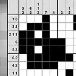 Czarno-biała krzyżówka logiczna z wypełnionymi i pustymi polami, otoczona liczbami wskazującymi, jak wypełniać rzędy i kolumny