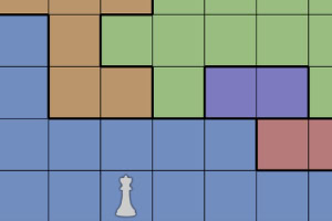 Kolorowa mozaika złożona z kwadratów w odcieniach niebieskiego, zielonego, brązowego, czerwonego i fioletowego z białą figurą szachową w dolnej części obrazu
