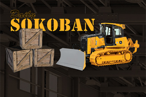 Żółty spychacz obok trzech drewnianych skrzyń na ciemnym tle z napisem Daily Sokoban