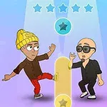 Dwie postacie animowane tańczą na tle gradientu niebiesko-fioletowego z pięcioma gwiazdkami nad nimi