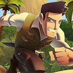 Postać mężczyzny w stroju odkrywcy biegnąca przez dżunglę z palmami i ruinami w tle