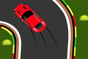 Czerwony samochód w poślizgu na zakręcie toru wyścigowego z kolorowymi krawędziami i zielonym tłem