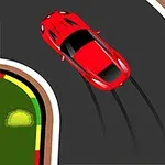 Czerwony samochód w poślizgu na zakręcie toru wyścigowego z kolorowymi krawędziami i zielonym tłem