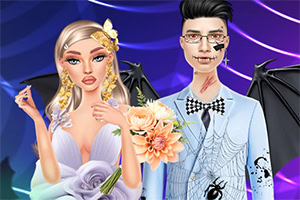 Elegancka blondynka w białej sukni z bukietem kwiatów obok mężczyzny w jasnym garniturze i okularach, oboje z czarnymi skrzydłami na tle fioletowych świateł