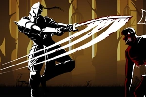 Rycerz w zbroi atakujący potwora mieczem na tle lasu