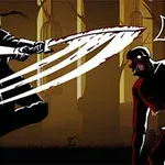 Rycerz w zbroi atakujący potwora mieczem na tle lasu