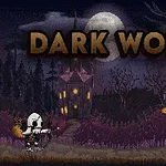 Postać w zbroi strzela z łuku do postaci w czerni pod nocnym niebem z księżycem w pełni, na tle mrocznego zamku i lasu