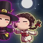 Dwie urocze postacie w strojach tradycyjnych na tle nocnego nieba z pełnią księżyca