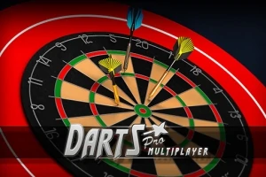 Tarcza do darta z wbitymi trzema lotkami oraz napis Darts Pro Multiplayer