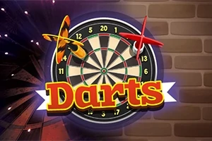 Tarcza do darta z wbitymi strzałkami oraz napisem Darts na tle ceglanej ściany