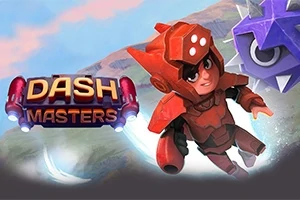 Postać w czerwonej zbroi leci w powietrzu, obok znajduje się logo z napisem DASH MASTERS oraz fioletowa kolczasta kula