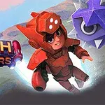 Postać w czerwonej zbroi leci w powietrzu, obok znajduje się logo z napisem DASH MASTERS oraz fioletowa kolczasta kula