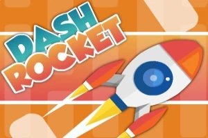 Grafika przedstawia kolorową, kreskówkową rakietę z niebieskim oknem, lecącą na pomarańczowym tle z napisem Dash Rocket