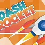 Grafika przedstawia kolorową, kreskówkową rakietę z niebieskim oknem, lecącą na pomarańczowym tle z napisem Dash Rocket