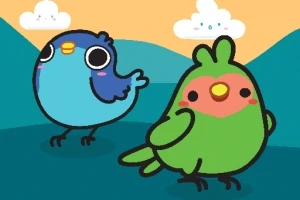 Dwa urocze, kolorowe ptaki na tle gór i chmur