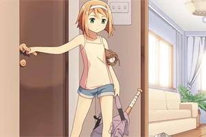 Dziewczyna z krótkimi włosami stoi w drzwiach trzymając torbę i kij do baseballu, w tle widoczny jest jasny pokój z kanapą i rośliną