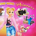 Postać księżniczki w różowej bluzce na tle różowych bąbelków, otoczona przedmiotami codziennego użytku