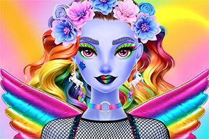 Kolorowy portret niebieskoskórej dziewczyny z tęczowymi włosami, wiankiem kwiatów na głowie i tęczowymi skrzydłami na tle żółto‑różowego gradientu