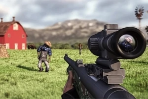 Snajper celujący w postać na tle krajobrazu z czerwoną stodołą i wiatrakiem