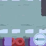 Pixelowa grafika przedstawiająca zielony obiekt na jezdni z oznaczeniami pasów ruchu oraz czerwonymi i fioletowymi barierami na dole, a w prawym dolnym rogu znajduje się okrągły element z ikoną miecza