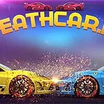 Żółty i niebieski samochód zderzają się z iskrzeniem, na górze napis DEATHCAR