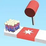 Grupa postaci stojących na platformie z symbolem gwiazdy, nad którą unosi się wielki czerwony młotek na niebieskim tle