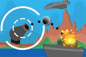 Armatka strzelająca kulami w okręt wojenny na tle gór i morza, z samolotem w powietrzu