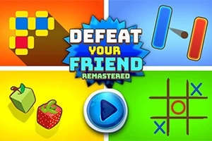 Kolorowy kolaż z elementami gier i napisem Defeat Your Friend Remastered oraz przyciskiem odtwarzania w centrum