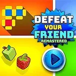 Kolorowy kolaż z elementami gier i napisem Defeat Your Friend Remastered oraz przyciskiem odtwarzania w centrum