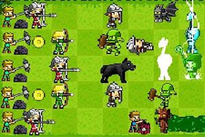 Pikselowa graficzna plansza z wojownikami, łucznikami, goblinami i zwierzętami w formie pikselowej