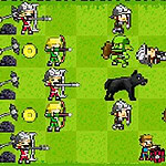 Pikselowa graficzna plansza z wojownikami, łucznikami, goblinami i zwierzętami w formie pikselowej